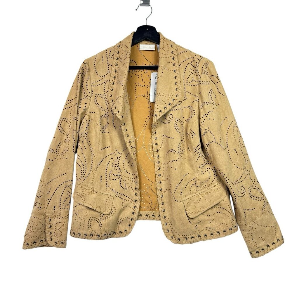 Chicos Desert Artisan Camelle Jacket Size 1, M/8 Faux Suede Laser Cutout NWT